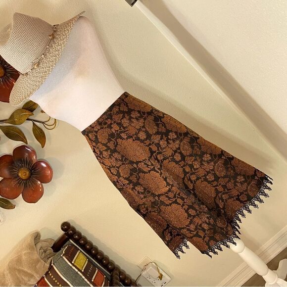 NEW ANNI KUAN A-LINE BRONZE & BLACK SEMI METALLIC ACCENT LACED HEM MIDI SKIRT 4 - Picture 6 of 14
